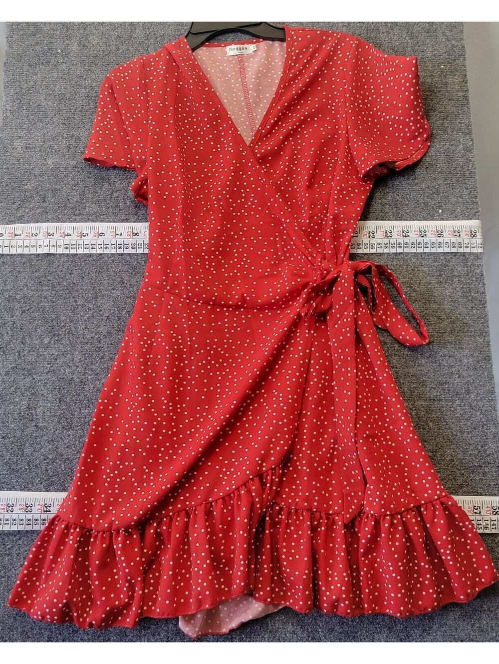 Naggoo Red Polka Dot Wrap Dress with Ruffle Hem, Size M